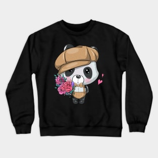 cute cartoon panda with cap and flowers illustration Crewneck Sweatshirt